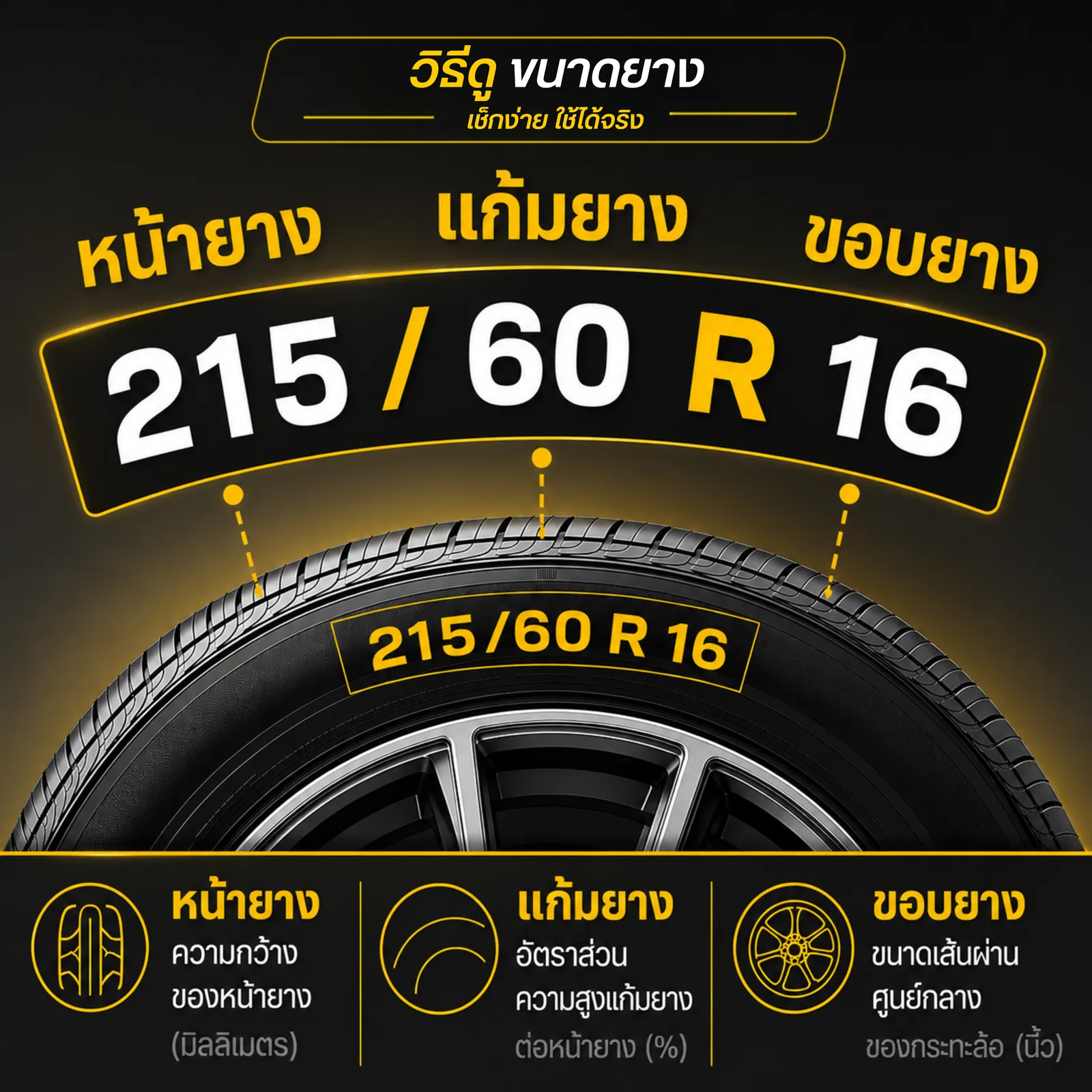 วิธีดูขนาดยางบนแก้มยาง ตัวอย่าง 215/60 R16 — 215 คือความกว้างหน้ายาง (มม.), 60 คืออัตราส่วนความสูงแก้มยาง (%), 16 คือขนาดขอบล้อ (นิ้ว)